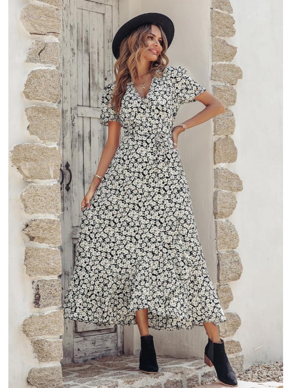 Women's Black White Floral V Neck Casual Short Sleeve Pull On Zipper Maxi Dress - Picture 3 of 6